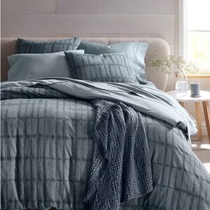 OAKE Indigo Stripe King Duvet Cover Set 3 Pc Set Cotton Modern Minimal Bedding